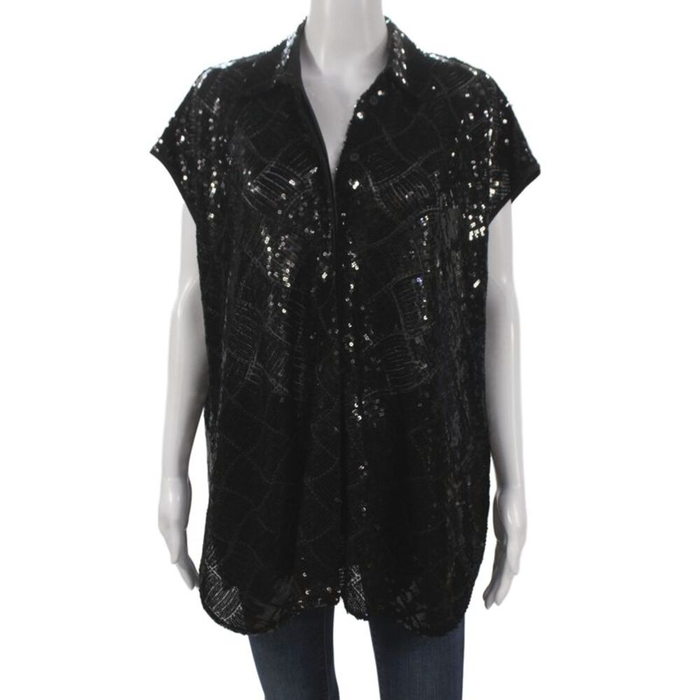 High Womens Black Sequin Collared Button-Up Tunic Short Sleeve Polyester Size 8